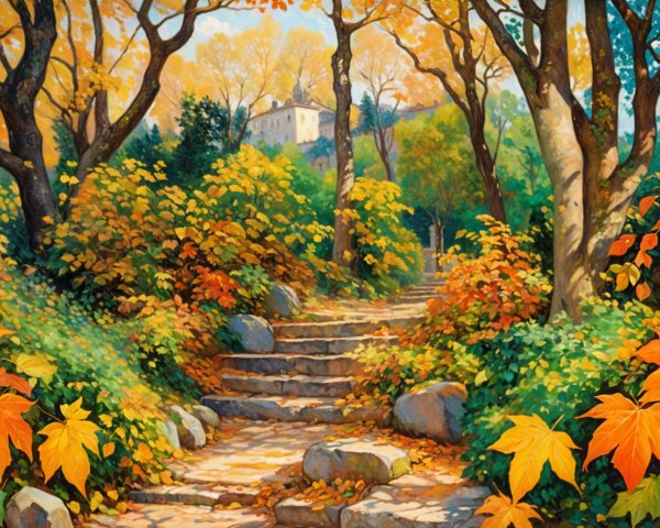 Autumn Landscape with Winding Stone Pathway and Foliage