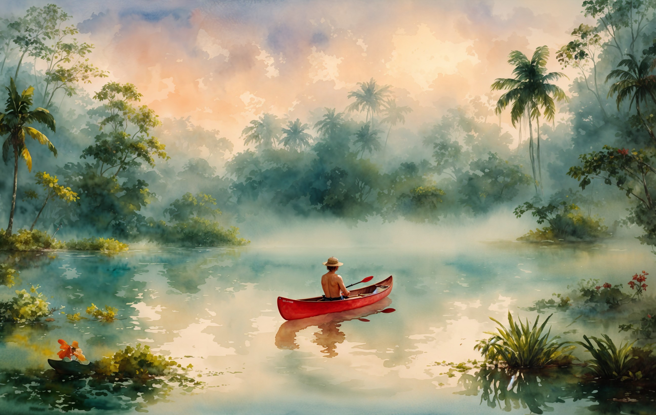 Serene Watercolor of Canoe on Misty Lake at Dawn