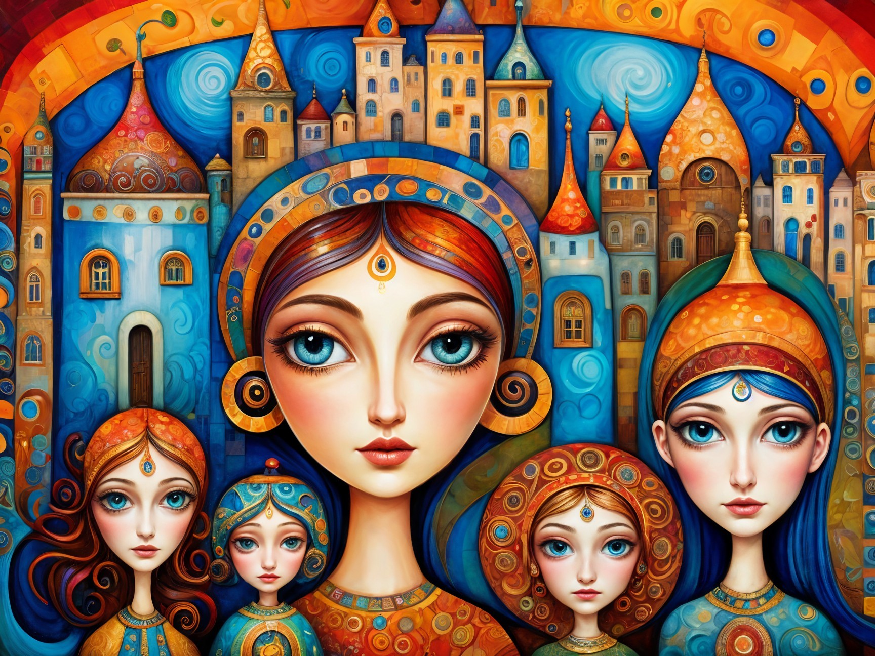 Vibrant Stylized Depiction of Women in Whimsical Cityscape