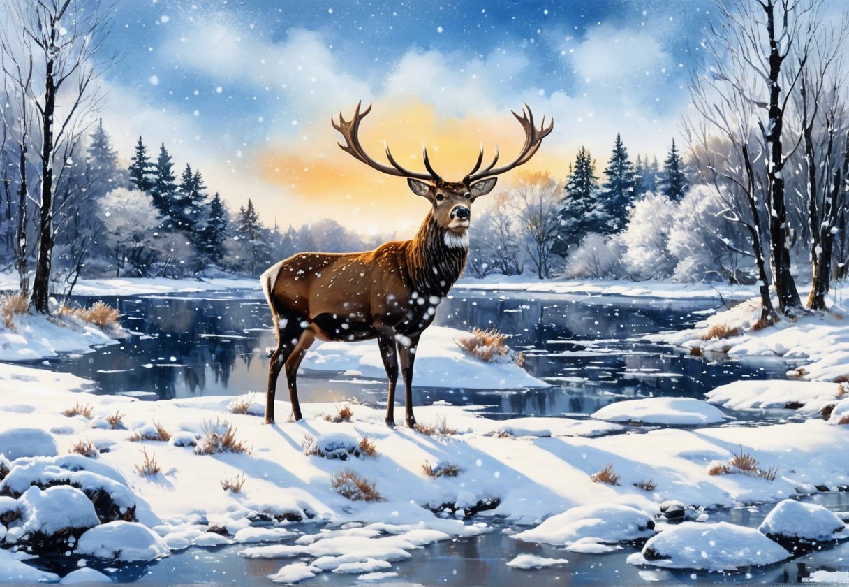 Majestic stag in serene winter landscape with snow