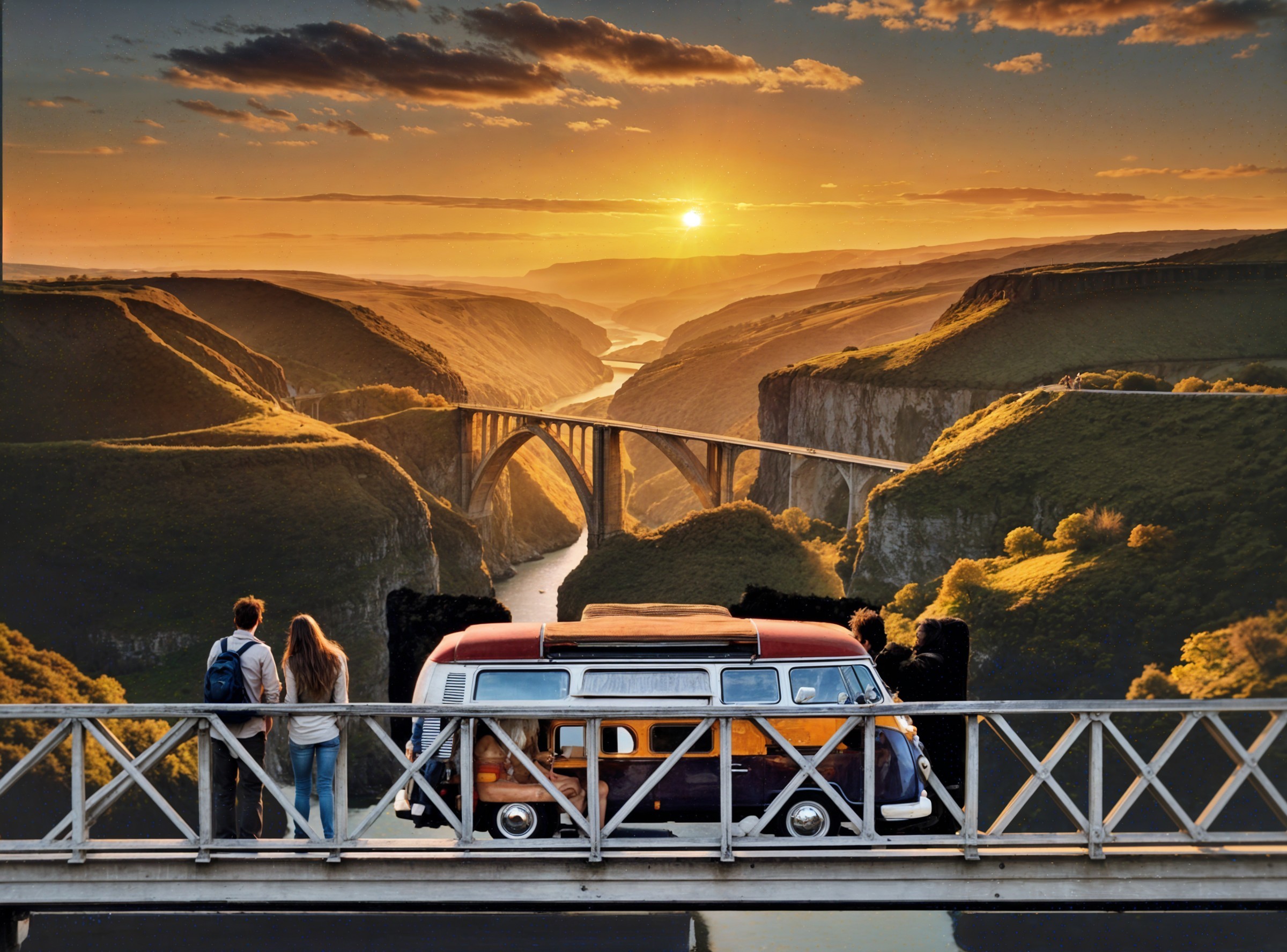 Couple on Bridge with Sunset and Vintage Van Scene
