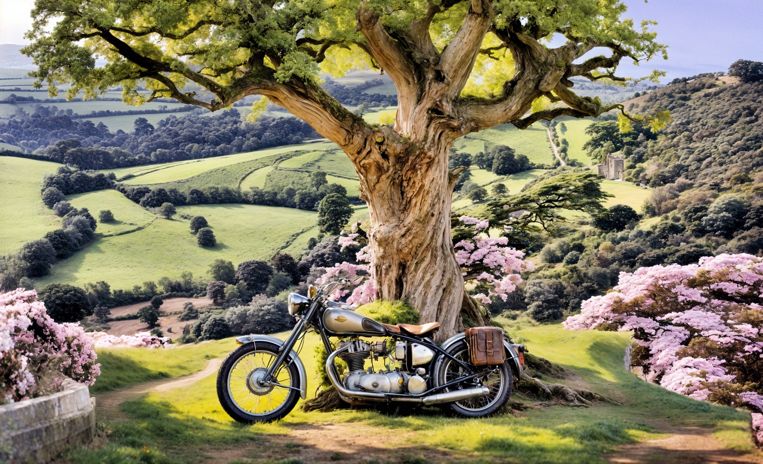 Vintage Motorcycle Under Tree with Pink Blossoms