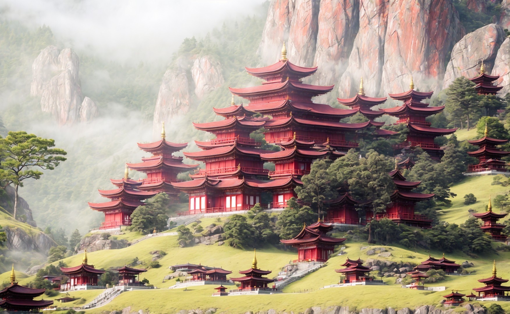 Architectural Complex Surrounded by Hills and Pagodas