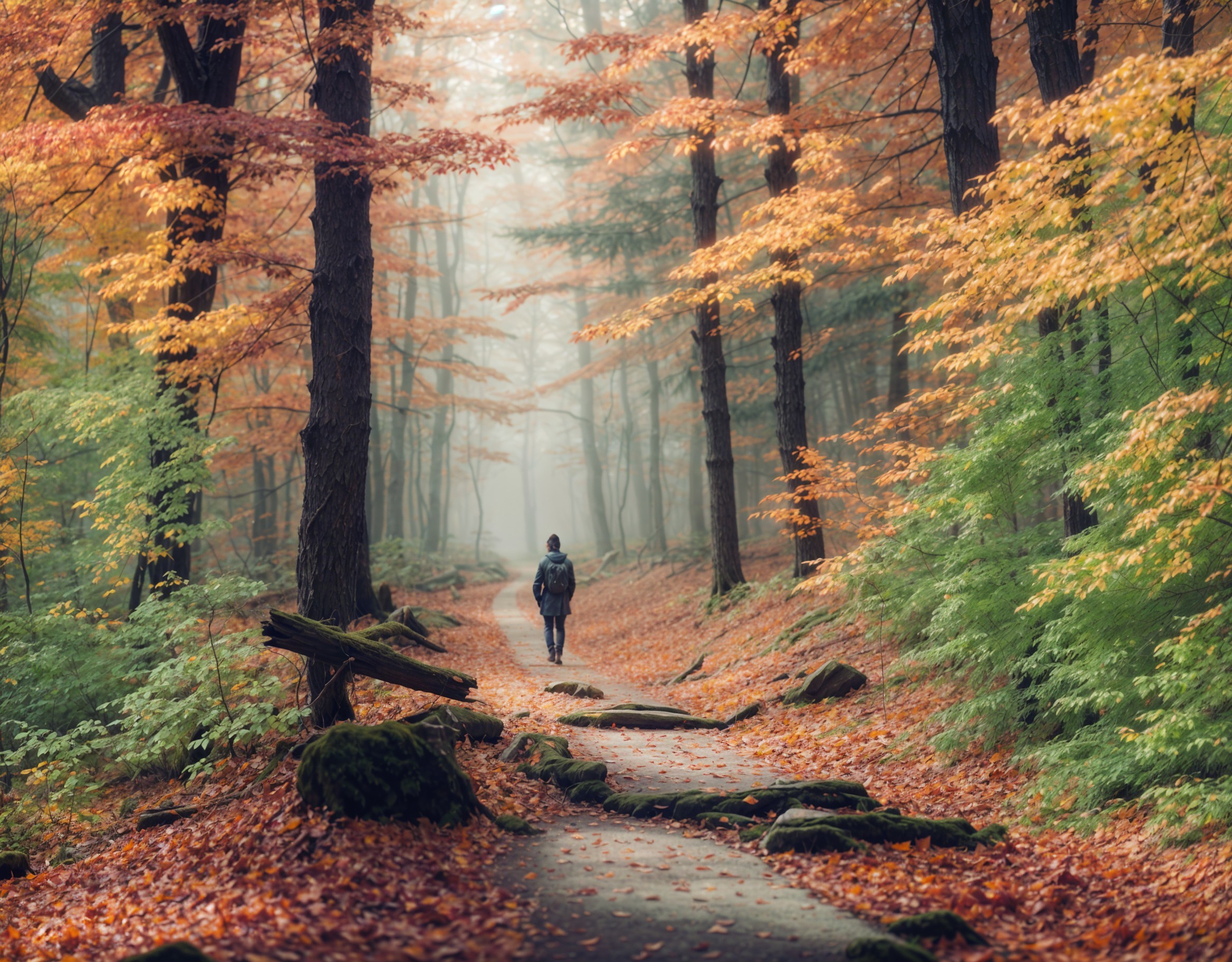 Lone Figure Walking in a Misty Autumn Forest Path