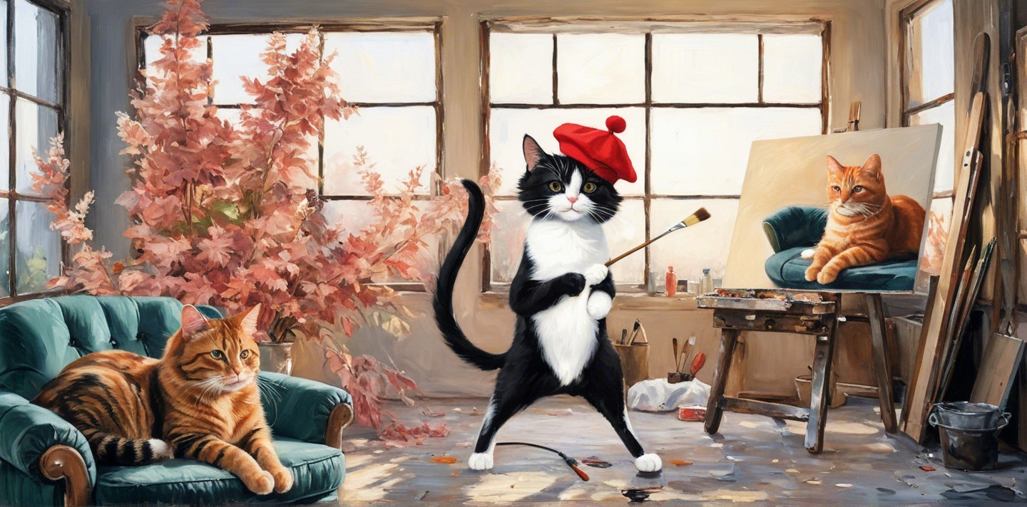 Tuxedo Cat in Beret in Cozy Artist's Studio Scene