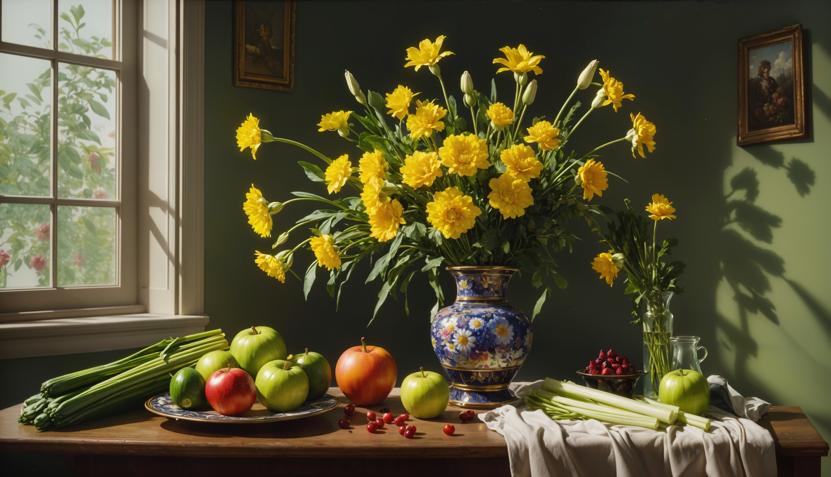Vibrant Yellow Flowers and Fresh Produce Arrangement