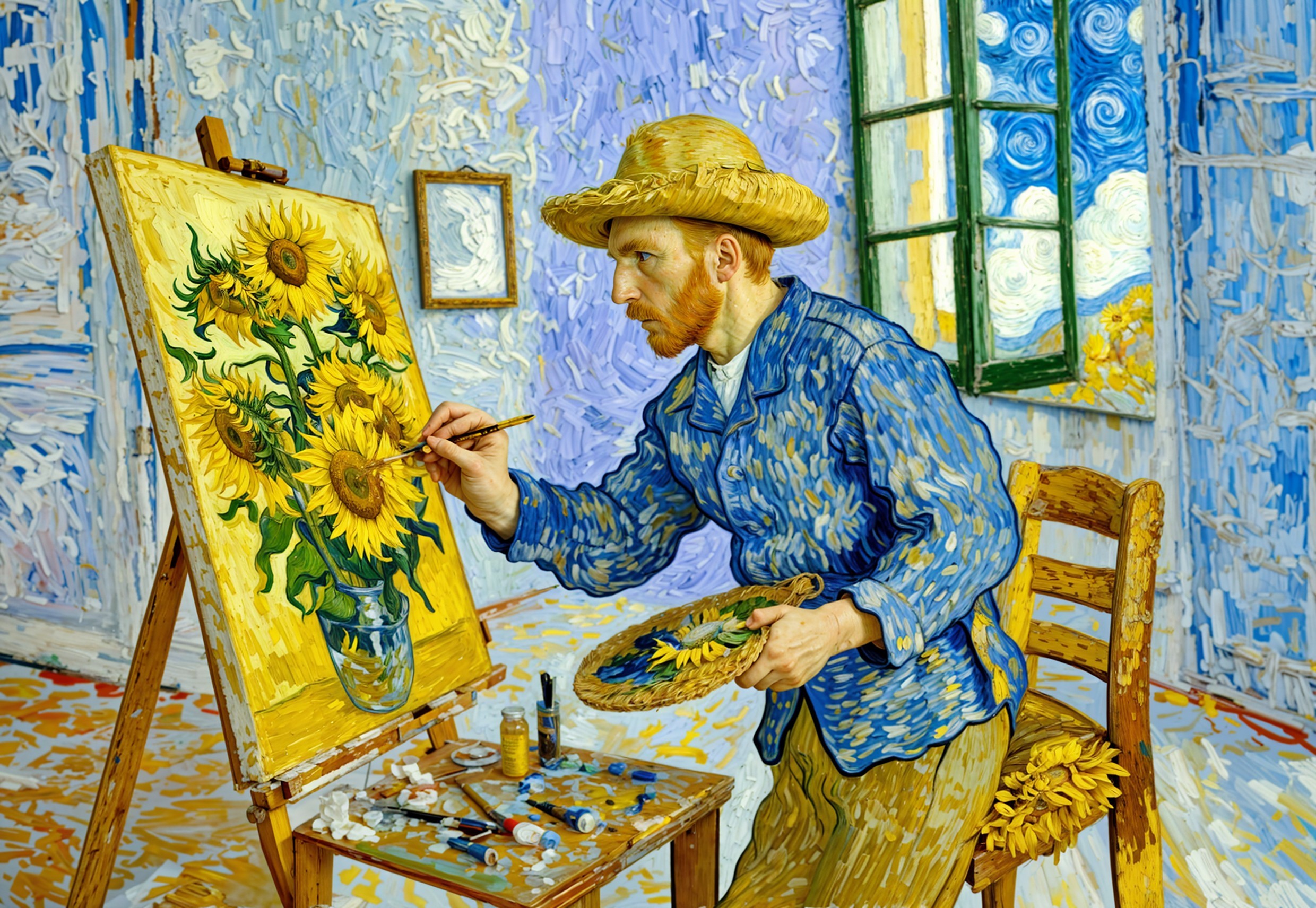 Artist Painting Sunflowers in a Bright Room