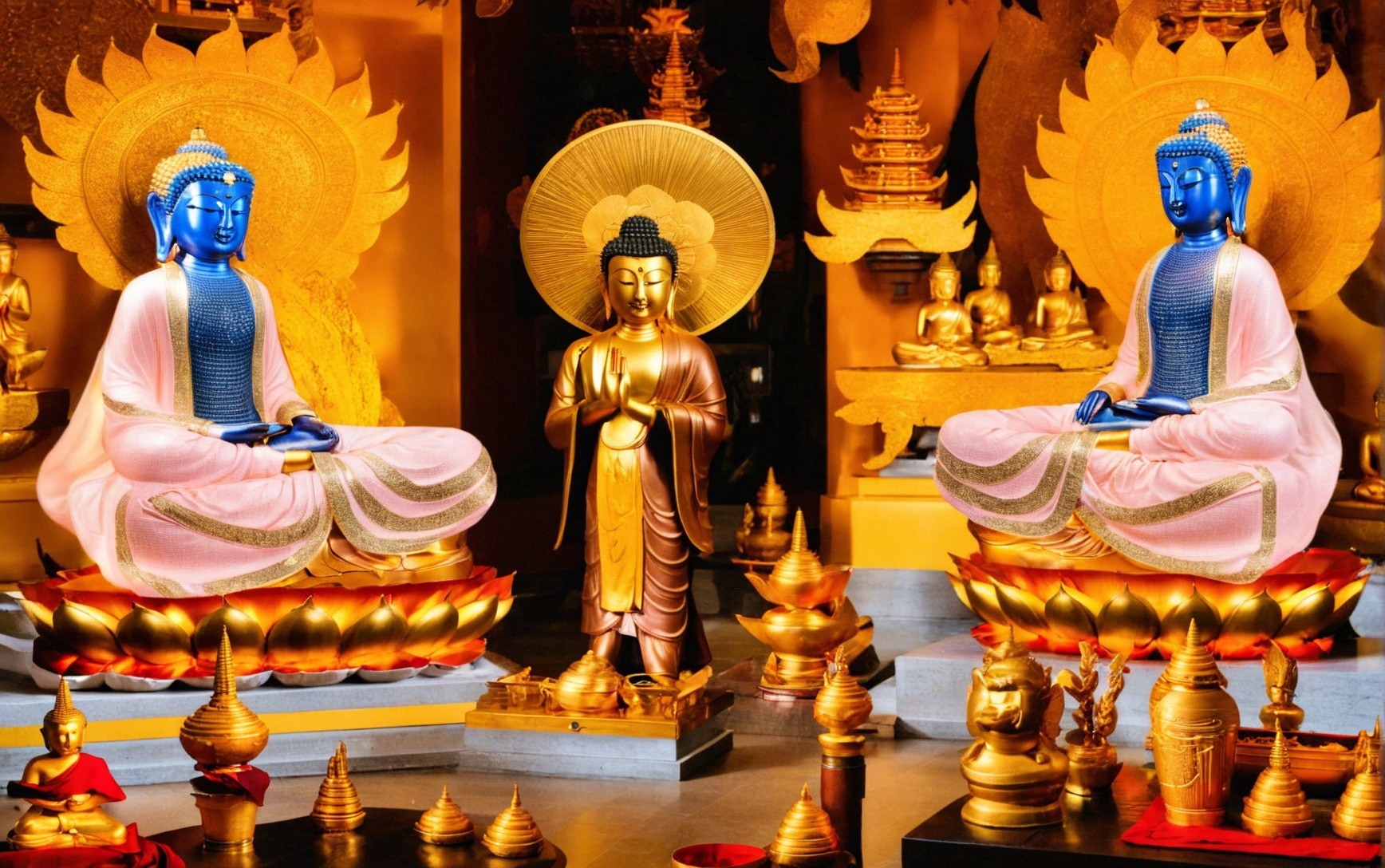 Buddhist Statues in Ornate Decorative Setting