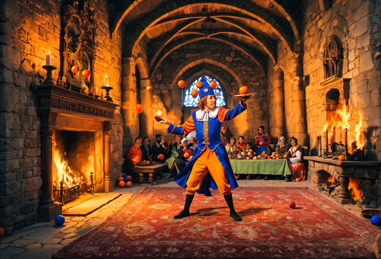 Medieval Jester Juggling in Stone-Walled Hall
