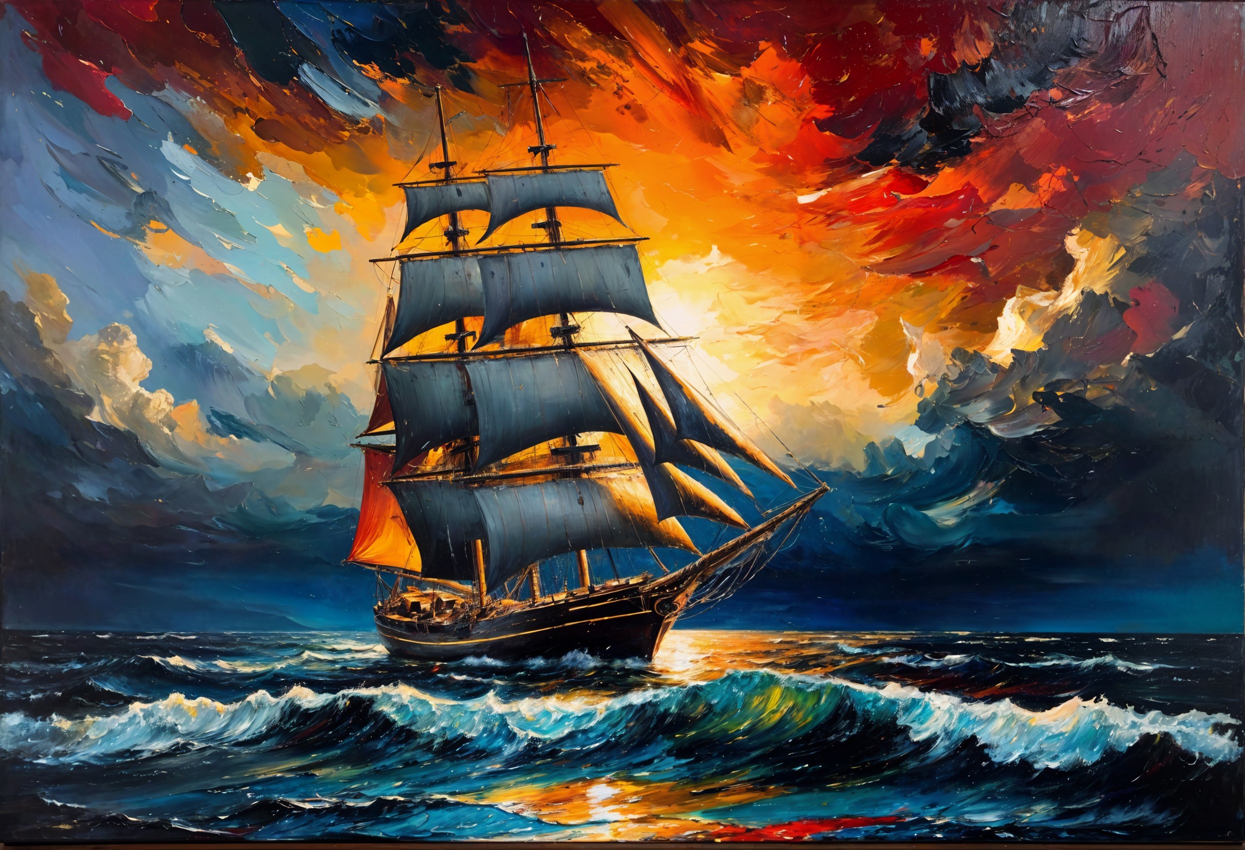 Tall Ship Sailing Through Sunset Waves and Clouds