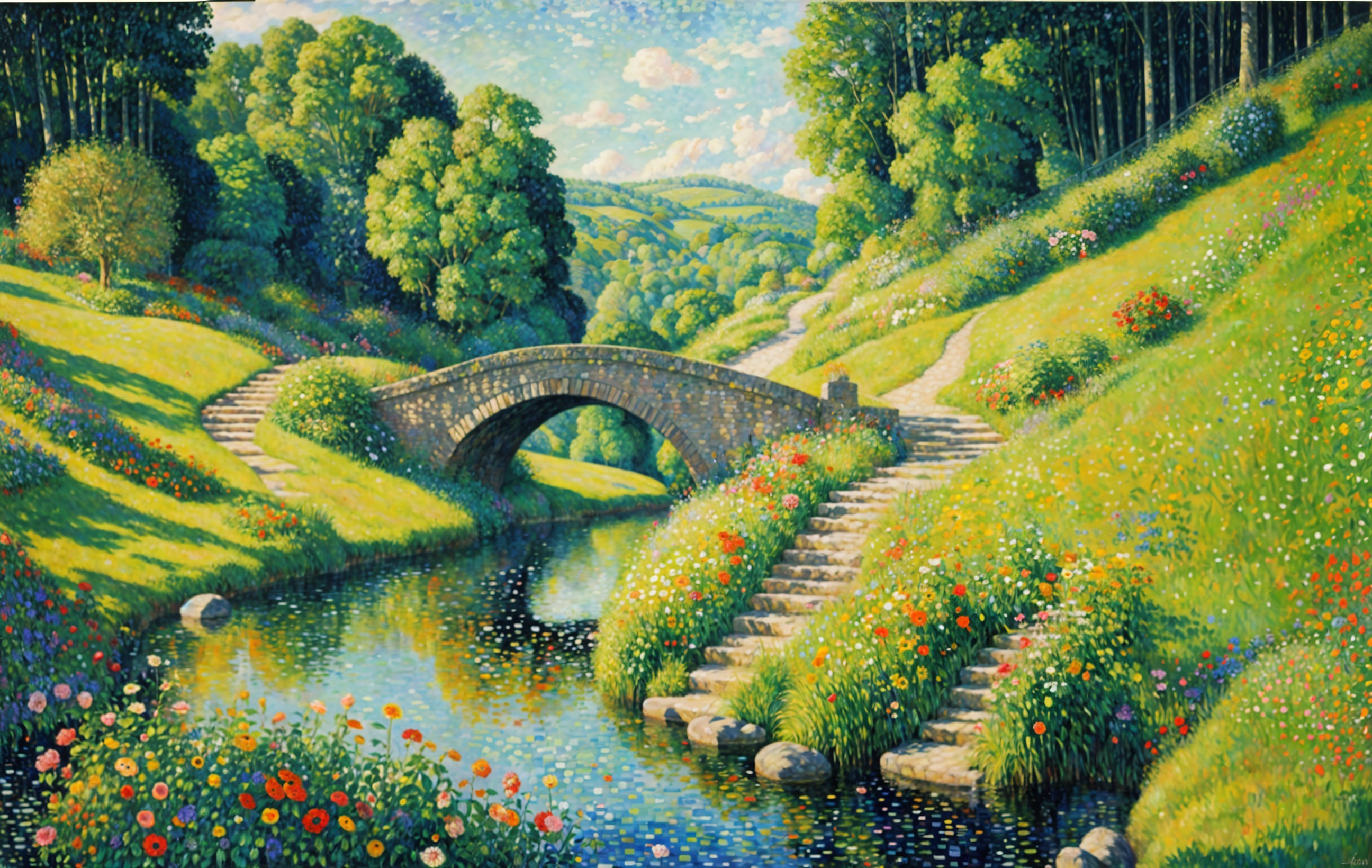 Vibrant landscape with stone bridge over flowing river