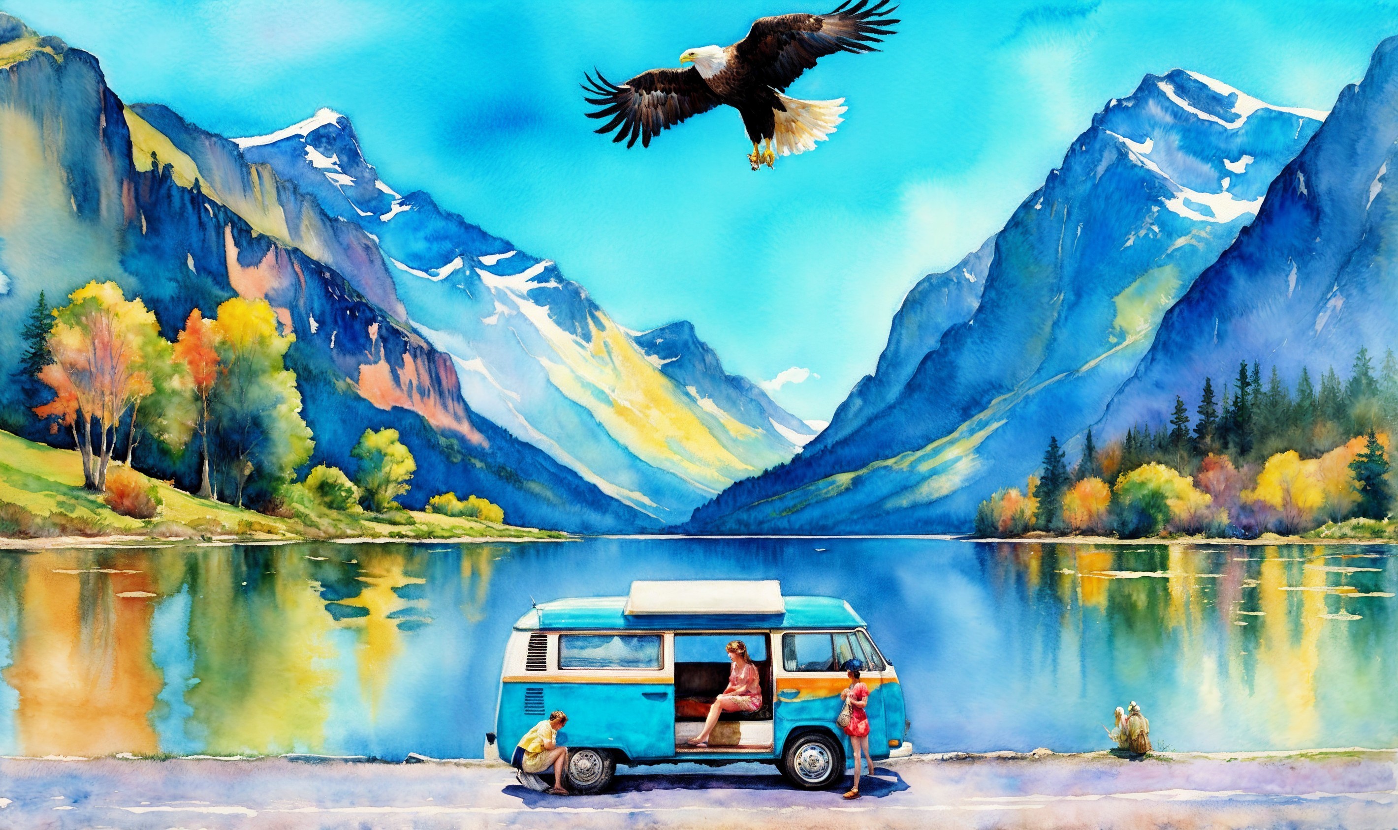 Watercolor Scene of Camper Van by Serene Lake