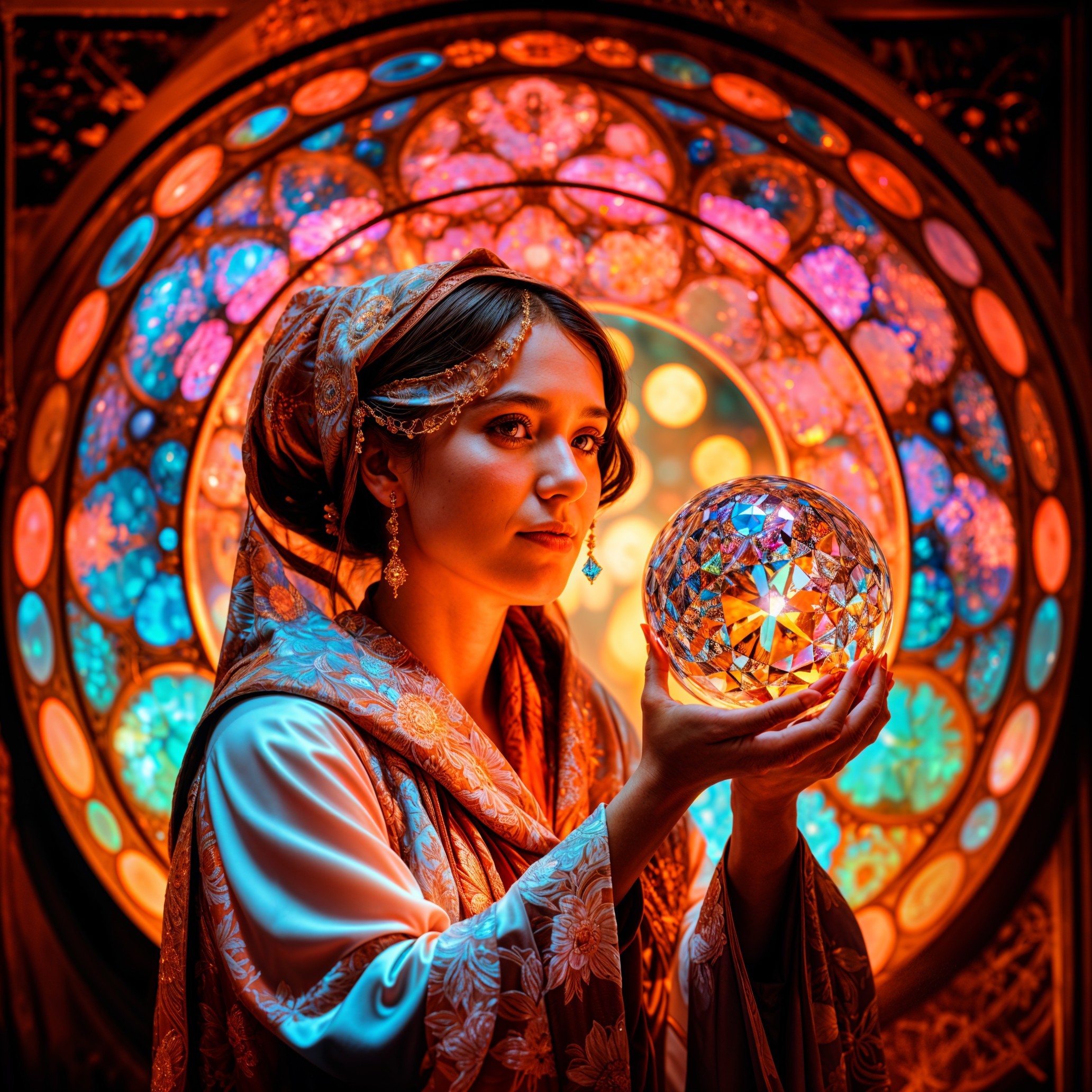 Richly Patterned Garments and Crystal Orb in Stained Glass