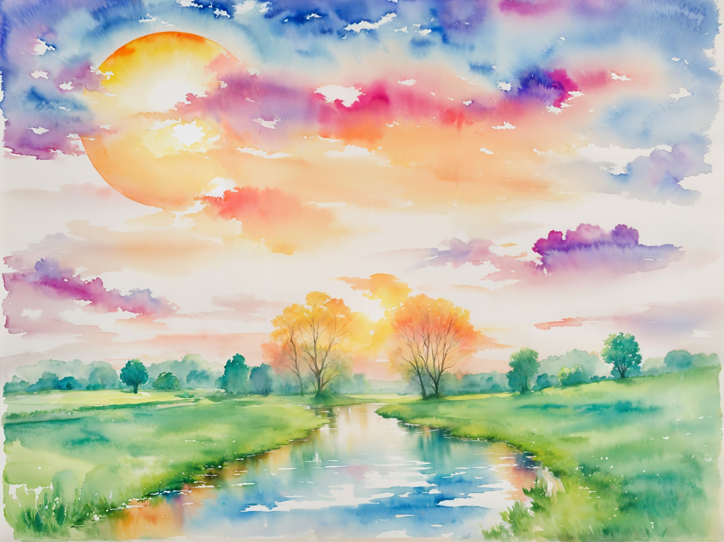 Serene Watercolor Landscape with Sunset and River