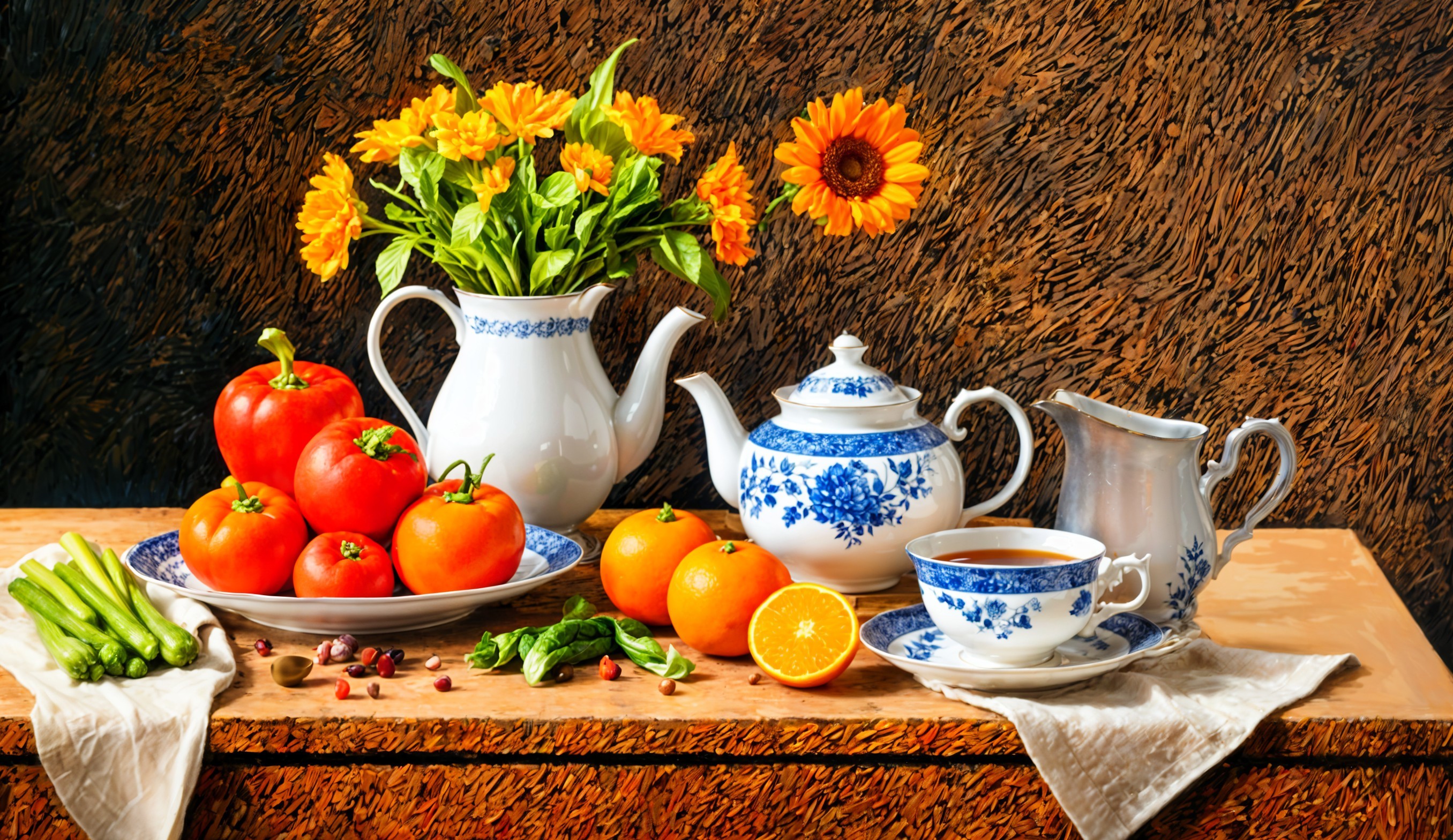 Rustic Table with Floral Arrangement and Fresh Produce