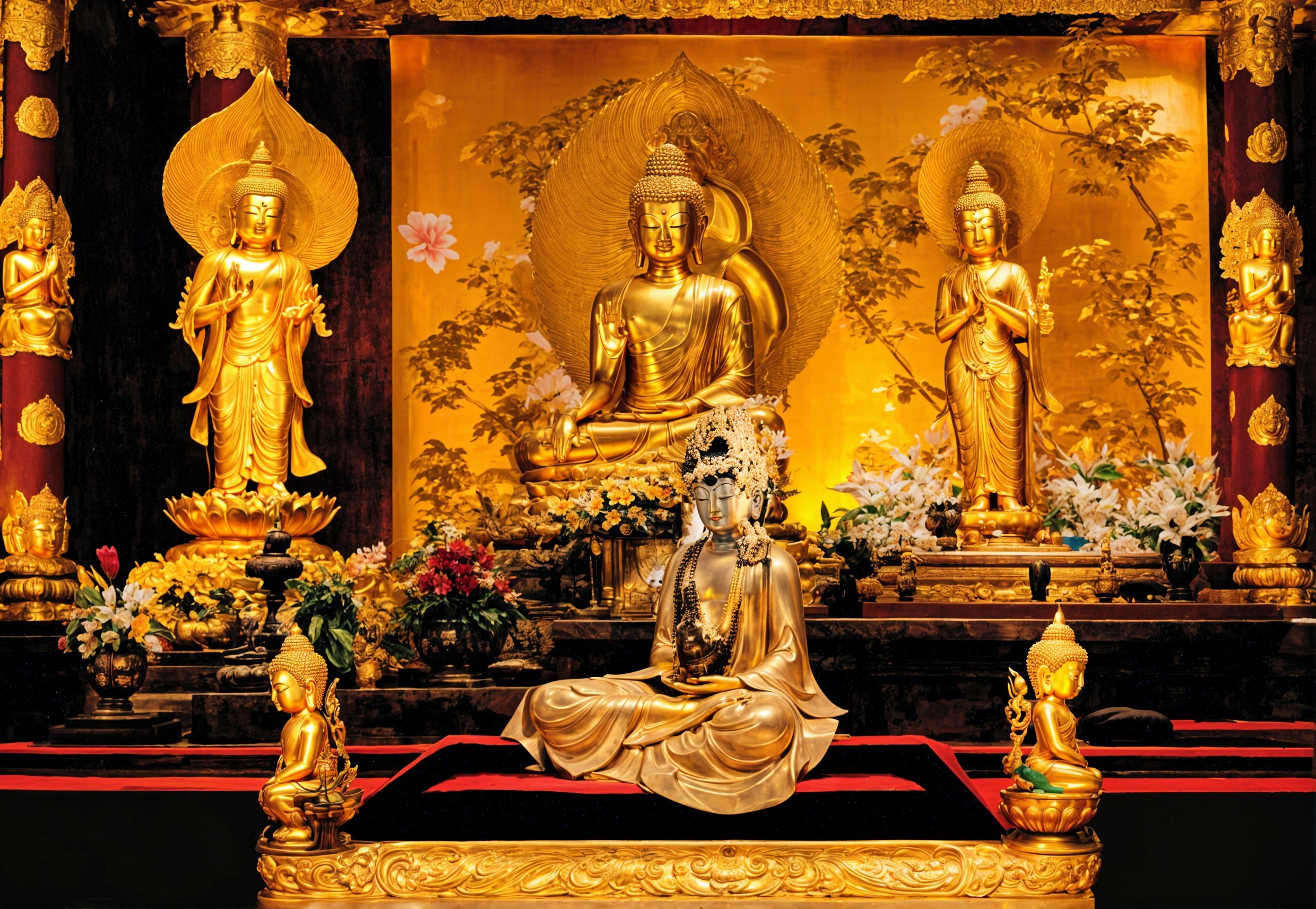 Buddhist Altar with Golden Statues and Floral Arrangements