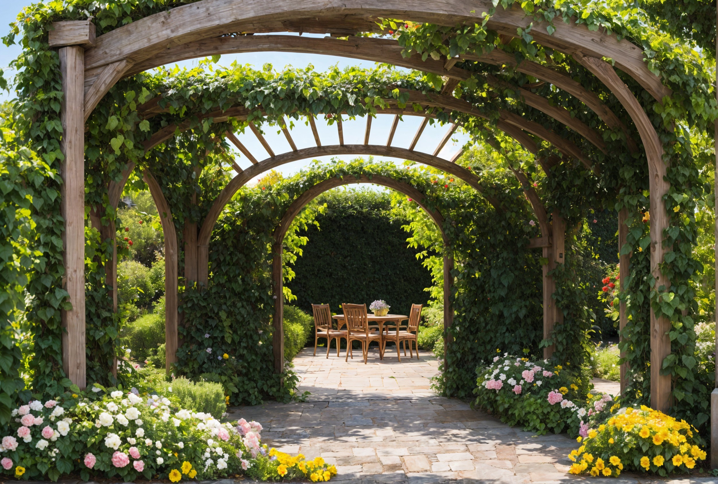 Serene Garden with Wooden Arches and Vibrant Blooms