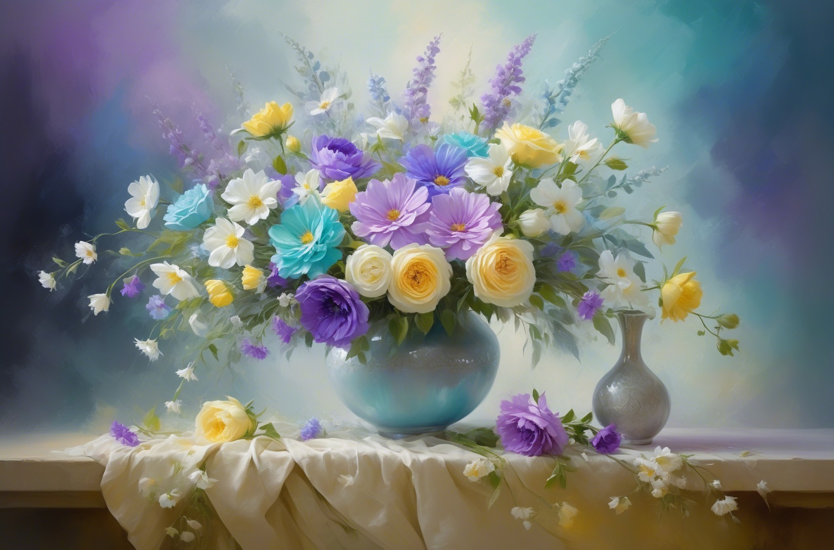 Vibrant Floral Arrangement in Soft Blue Vase