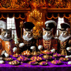 Whimsical Cats in Historical Attire at Lavish Banquet