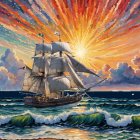 Tall Ship Sailing Through Sunset Waves and Clouds