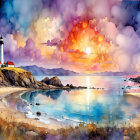 Coastal Landscape with Sunset and Lighthouse Details