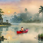 Serene Watercolor of Canoe on Misty Lake at Dawn
