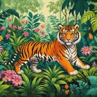 Majestic tiger in vibrant jungle with tropical flowers
