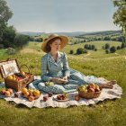 Woman in Blue Dress Picnicking in Scenic Field