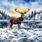 Majestic stag in serene winter landscape with snow