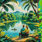 Colorful Painting of Couple by Tropical River Scene