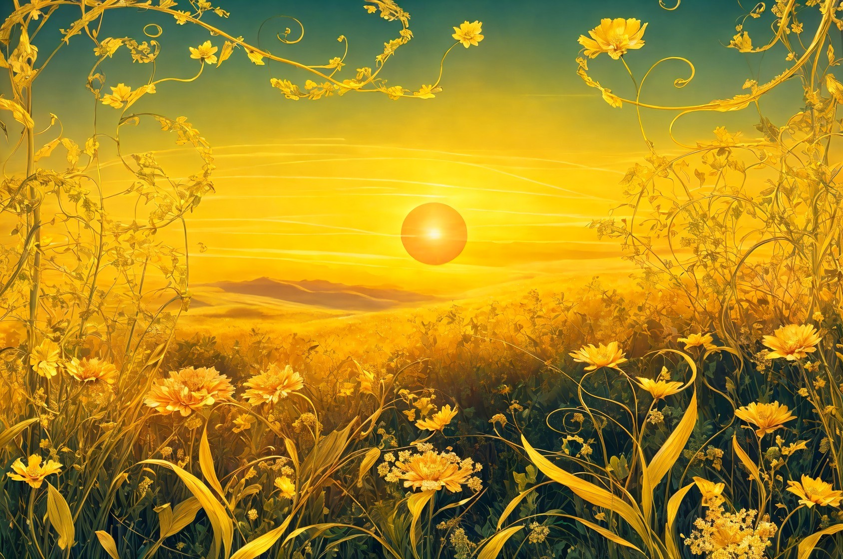 Vibrant Sunrise Landscape with Wildflowers and Hills