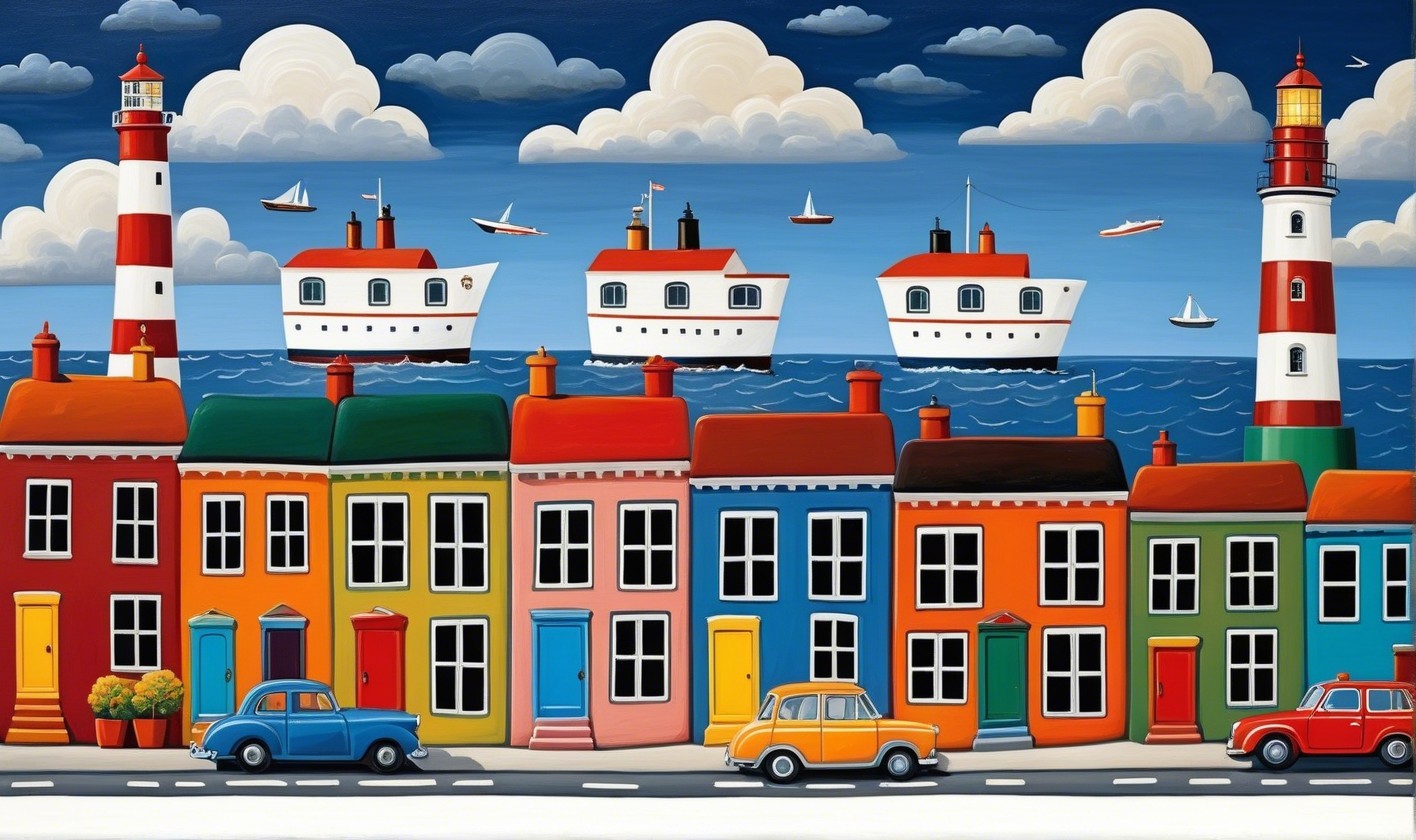 Vibrant Seaside Scene with Colorful Houses and Lighthouses