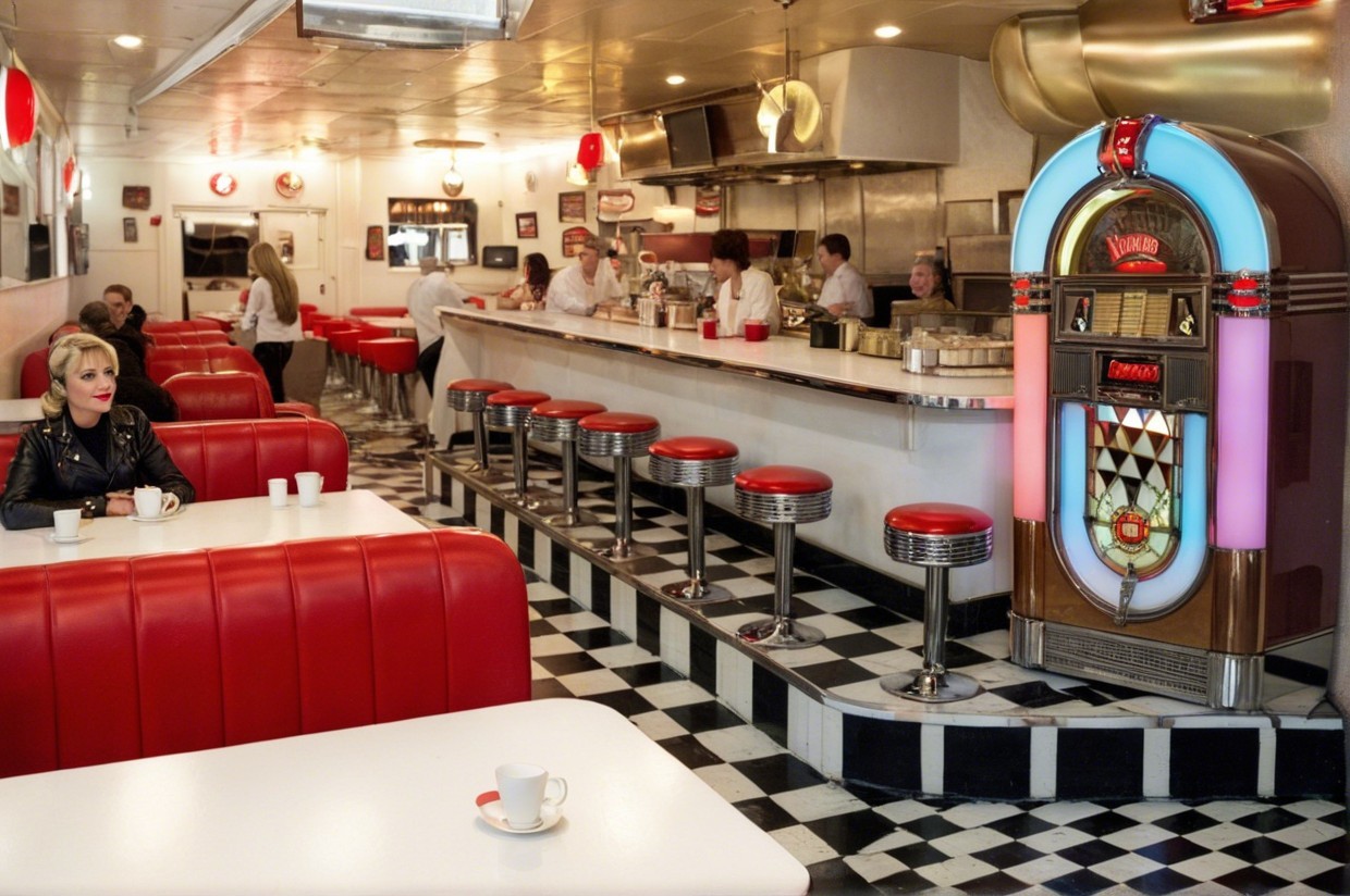 Retro Diner with Vinyl Booths and Jukebox Decor