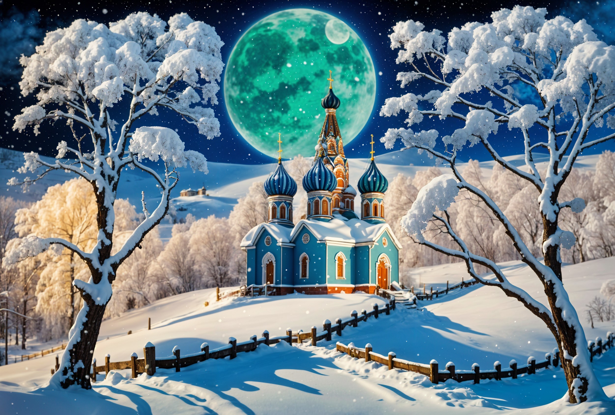 Winter Landscape with Church and Snow-Covered Trees