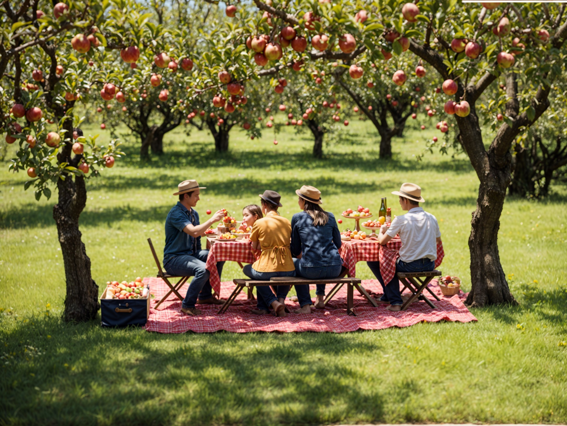 Picnic in an apple orchard with five people gathered