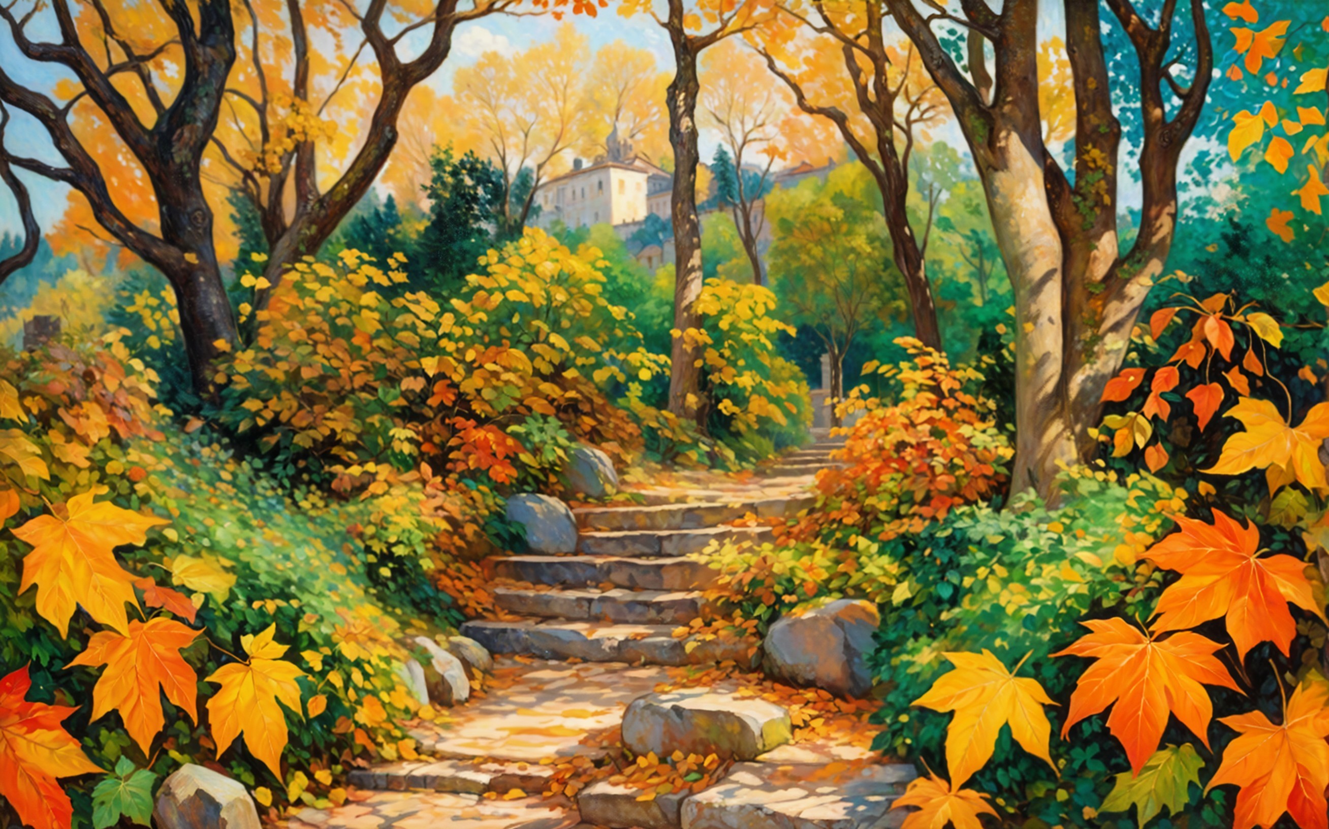 Autumn Landscape with Winding Stone Pathway and Foliage