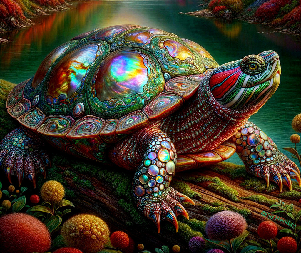 Vibrant Turtle on Mossy Log Surrounded by Flora