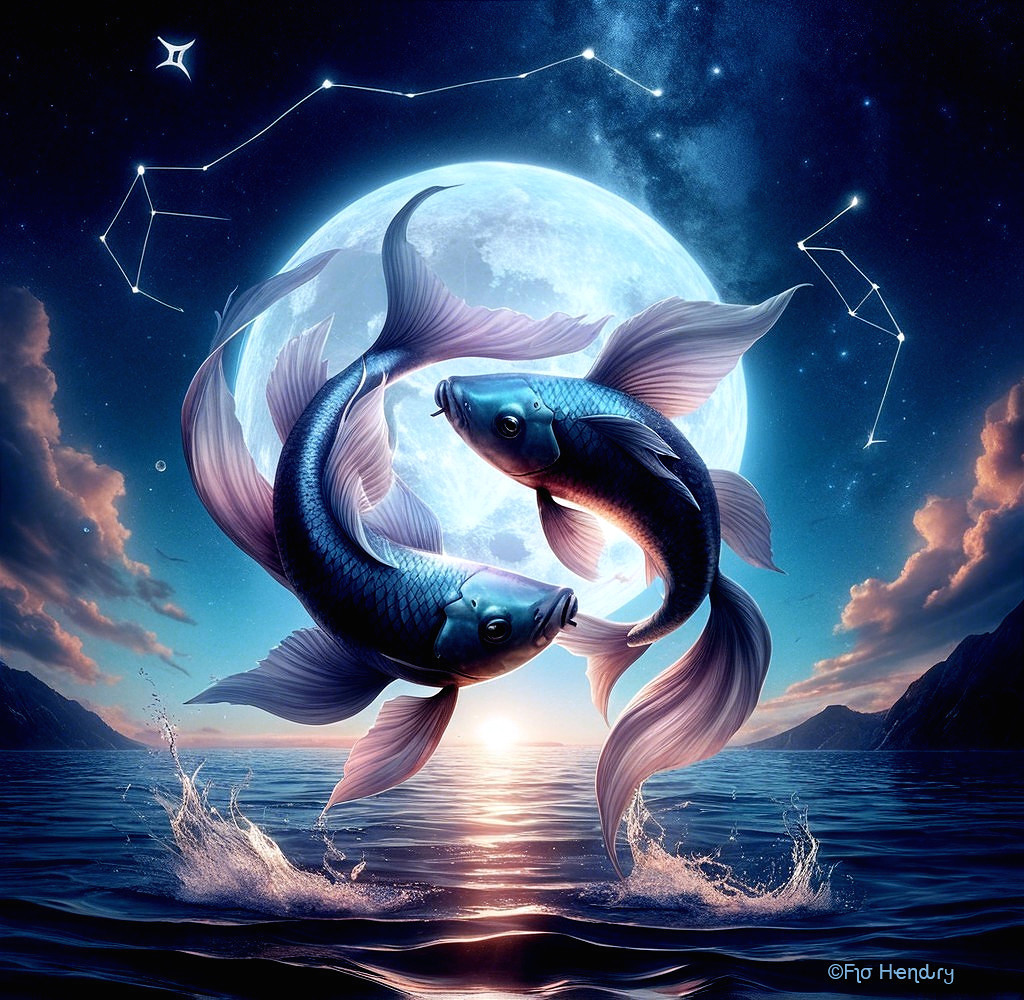 Surreal Night Scene with Ethereal Fish and Moon