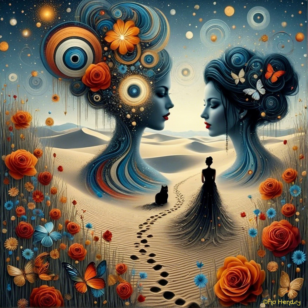 Surreal Landscape with Ethereal Figures and Nature Elements