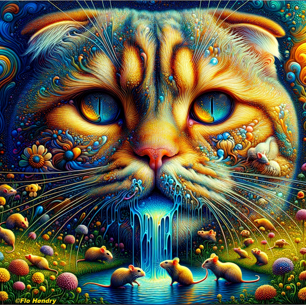 Surreal Artwork of an Oversized Cat's Face with Waterfall
