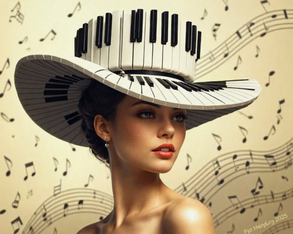 Portrait of Woman in Piano Hat with Musical Notes