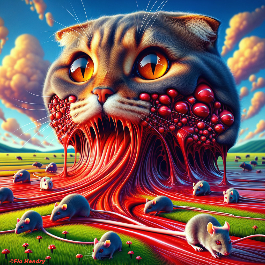 Surreal Landscape with Giant Cat's Head and Mice