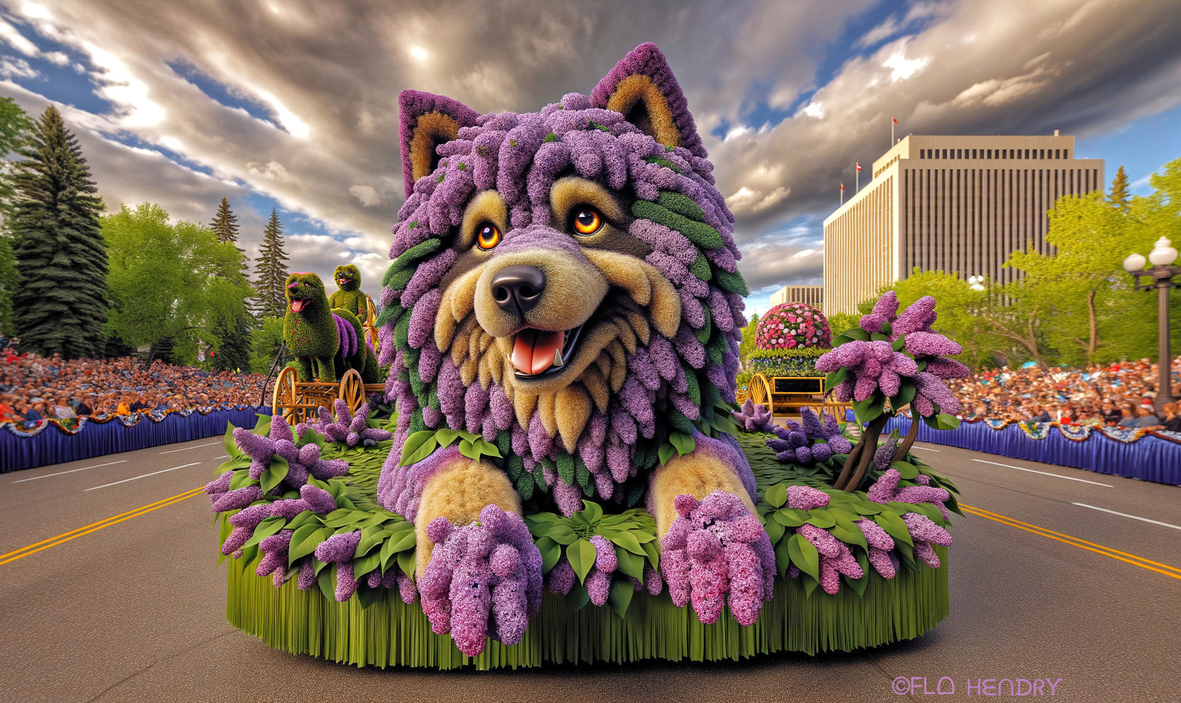 Vibrant Dog-Shaped Parade Float with Floral Details