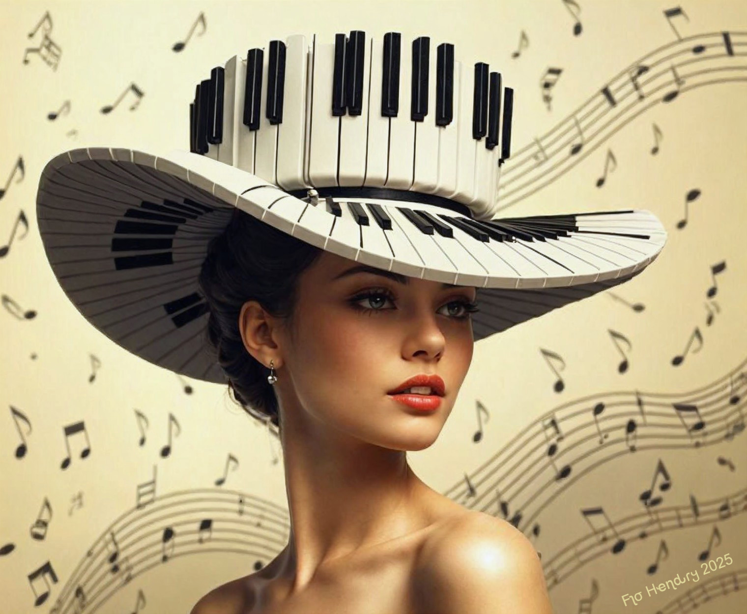 Portrait of Woman in Piano Hat with Musical Notes