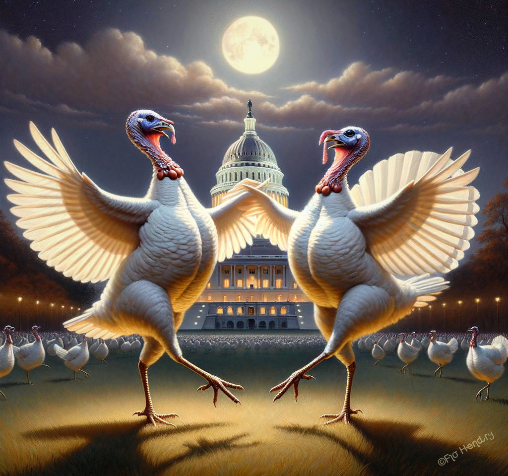 Whimsical Turkeys Dancing Near Capitol Building at Night