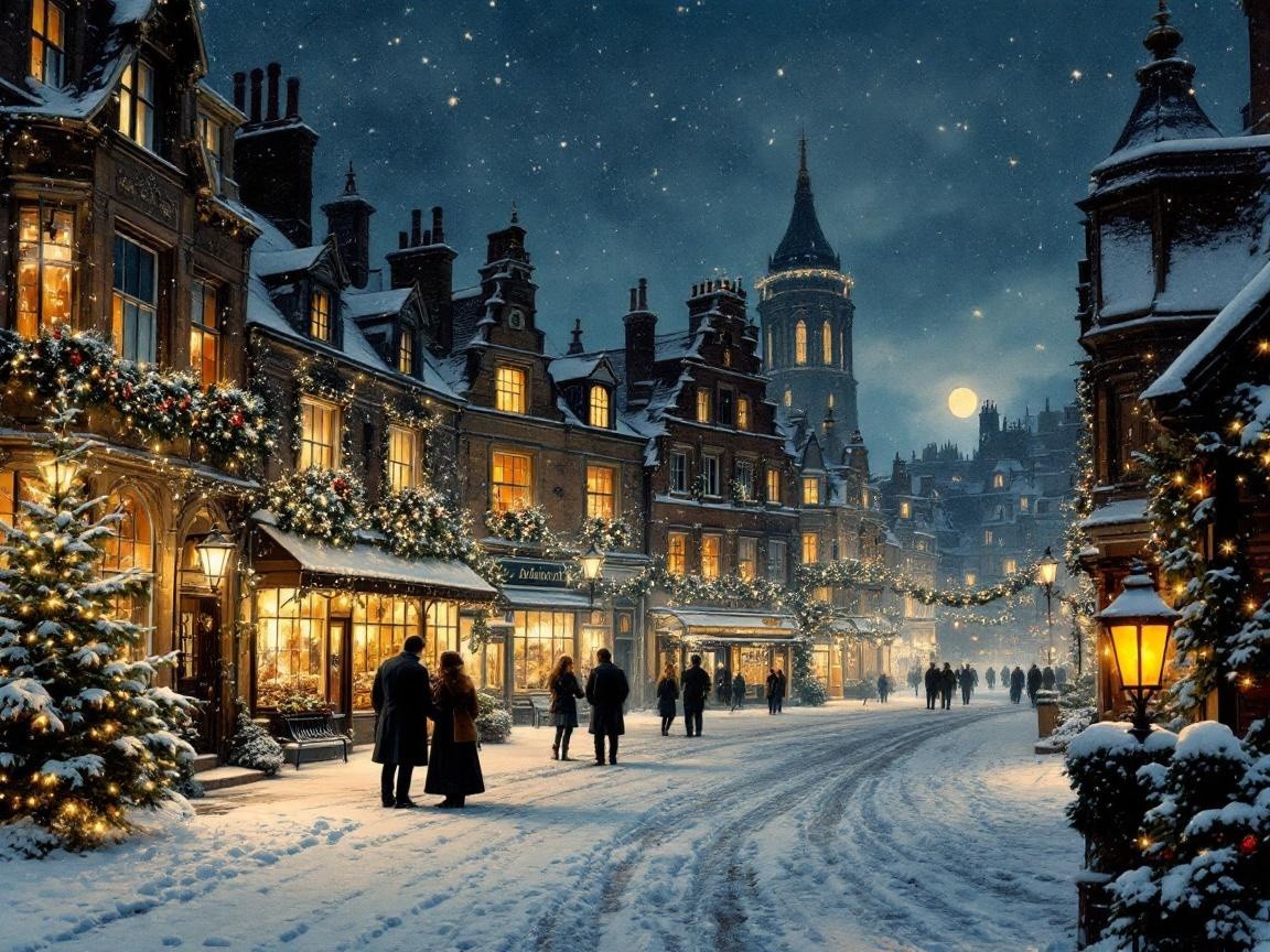Magical European Village Street on a Snowy Christmas Night