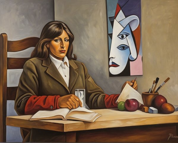 Oil Painting of Woman in Studio with Paintbrush and Book