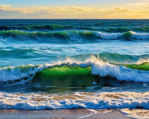 Waves on Sandy Shore at Sunset with Vibrant Colors
