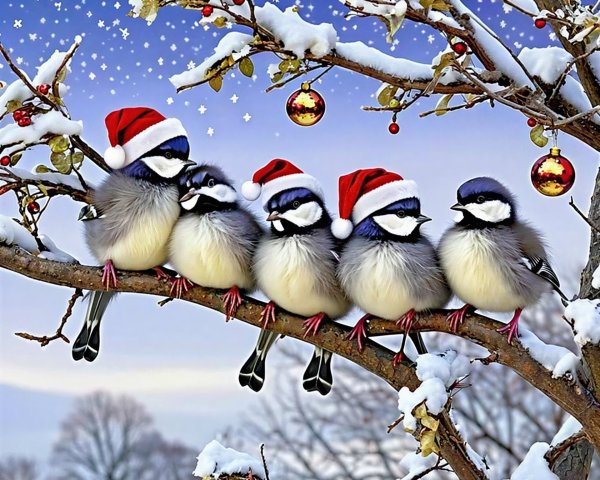 Small birds in Santa hats on a snowy branch