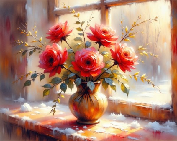 Vibrant Still Life of Roses in a Winter Scene
